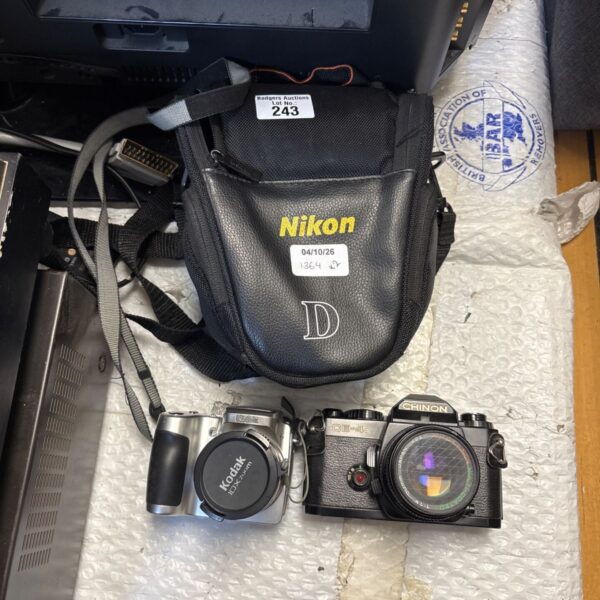 Vintage Kodak and Chinon cameras with Nikon bag for collectors.