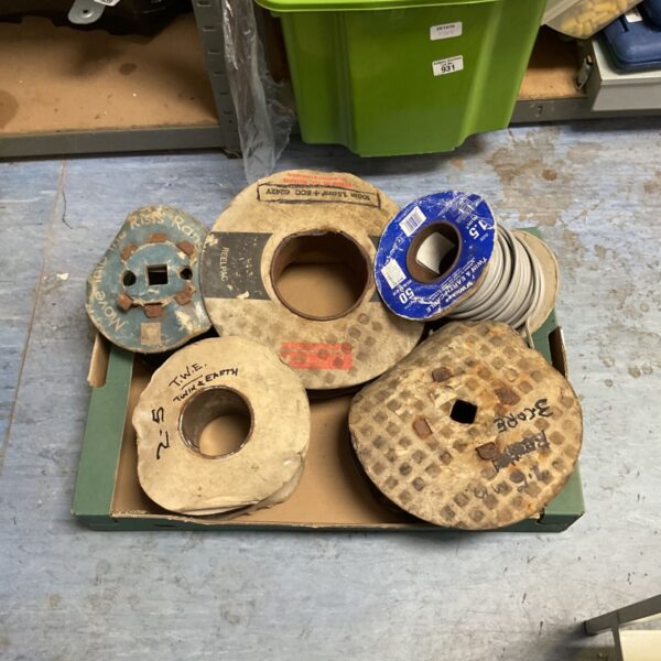 Vintage cardboard cable spools and twin and earth wiring arranged in a box