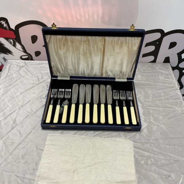 Vintage cased set of fish knives and forks with cream handles