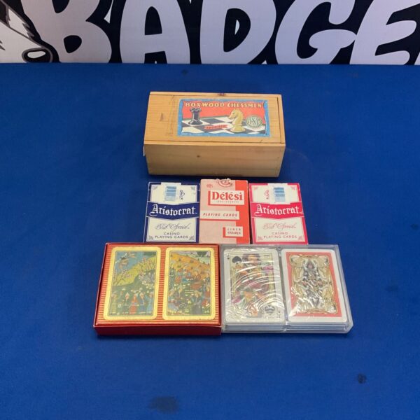 Vintage wooden chess set with playing cards in original box.