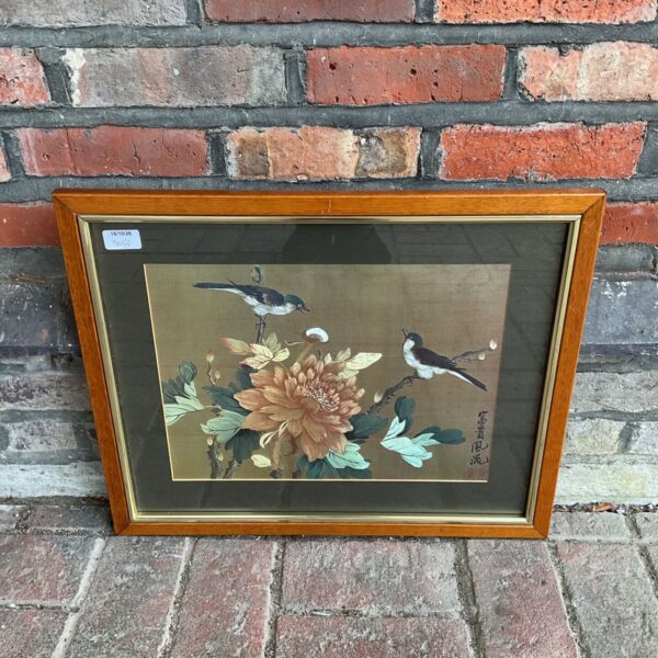 Vintage Chinese bird print with metallic sheen and blossom details.