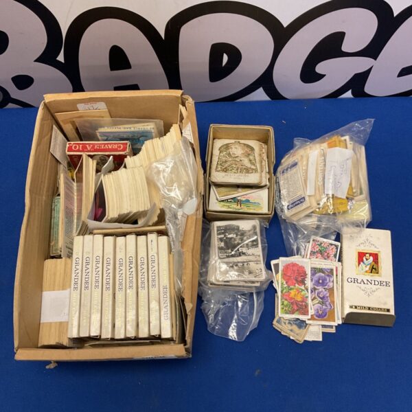 Vintage cigarette cards and Grandee cigar packets in cardboard box