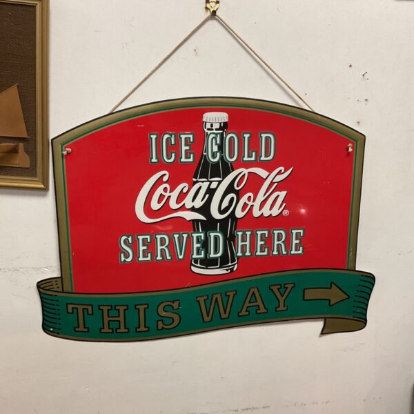 Vintage Coca-Cola ICE COLD SERVED HERE shop display sign with THIS WAY arrow