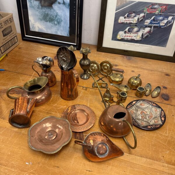 Vintage copper and brass lot including a hammered jug and pot.