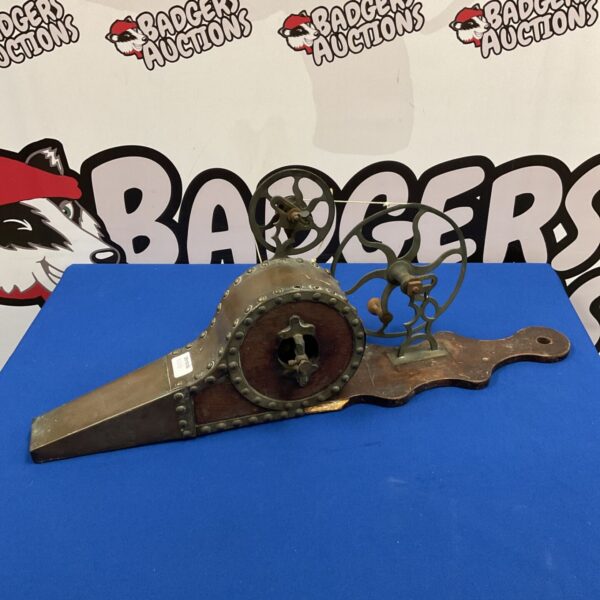 Vintage copper and wood hand cranked fireplace bellows with riveted casing and crank wheel