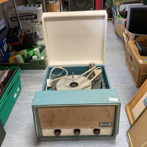 Vintage Dansette portable record player in blue and grey.