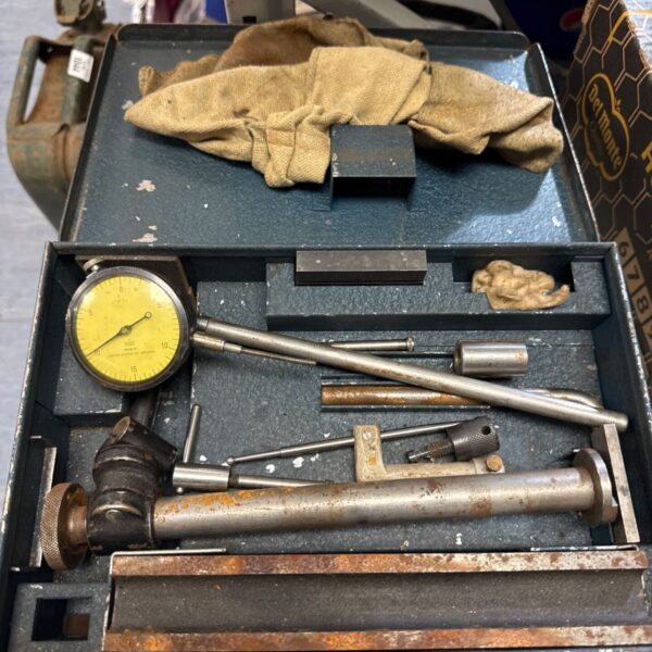 Vintage American dial gauge set in wooden case.