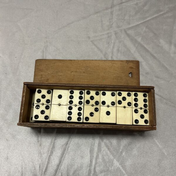 Set of cream and black dominoes laid out in open wooden box