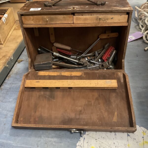 Vintage metal engineers tool box with spanners inside.