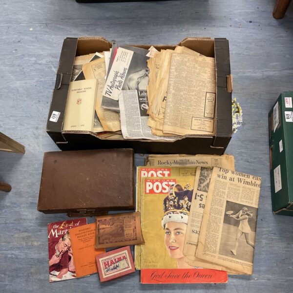 Vintage ephemera lot with antique newspapers and a child's case.