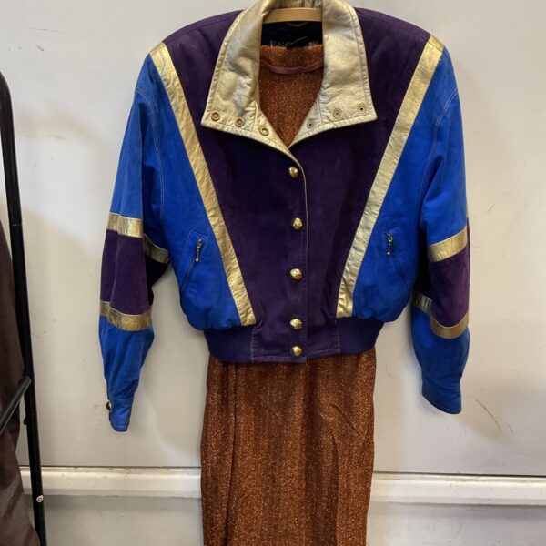 Vintage Escada suede jacket in blue, purple and gold with copper glitter dress