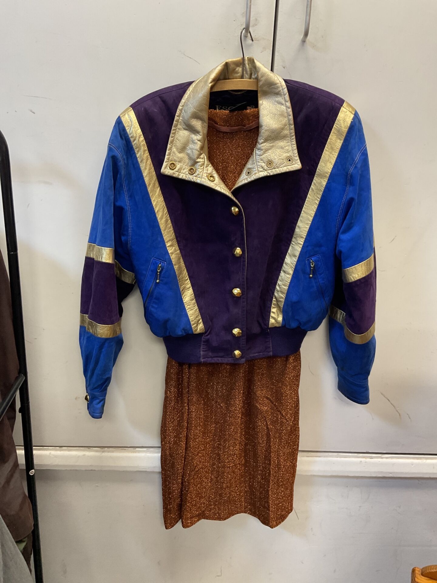 616 vintage Escada my Margaretha Ley Made in germany suede leather jacket with copper glitter dress