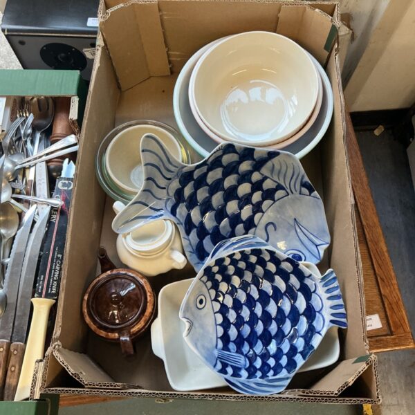 Vintage ceramic fish dish platter with blue scale pattern.