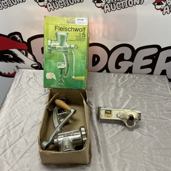 Vintage Fleischwolf meat mincer and universal can opener lot with original box
