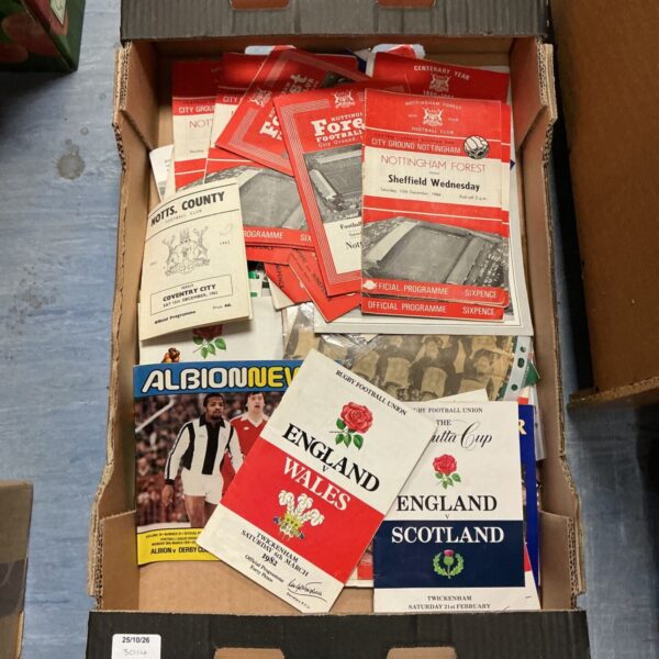 Box of vintage football and rugby programmes including Nottingham Forest and England v Wales
