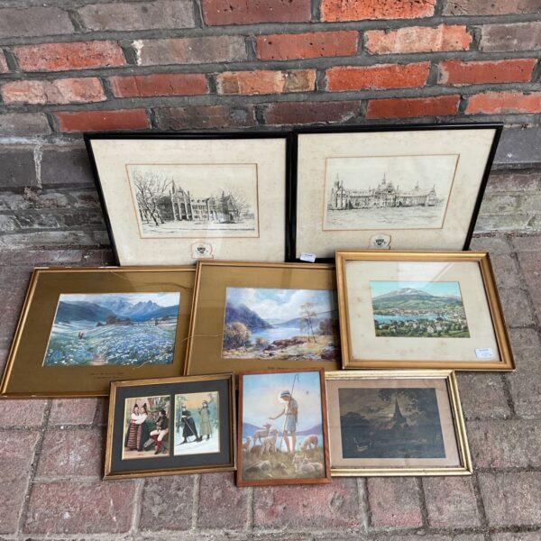 Collection of vintage framed prints including landscape and architectural scenes.