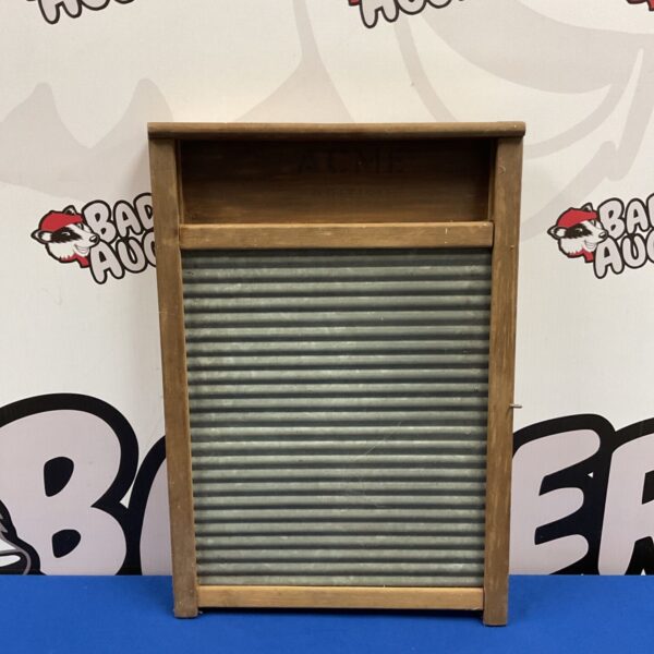 Vintage galvanised Acme wash board with timber frame and corrugated metal panel