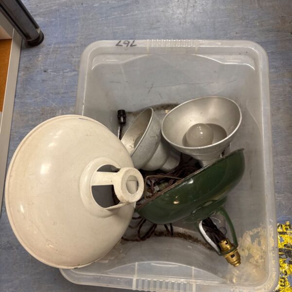 Vintage galvanised and enamelled ceiling lights in a selection.