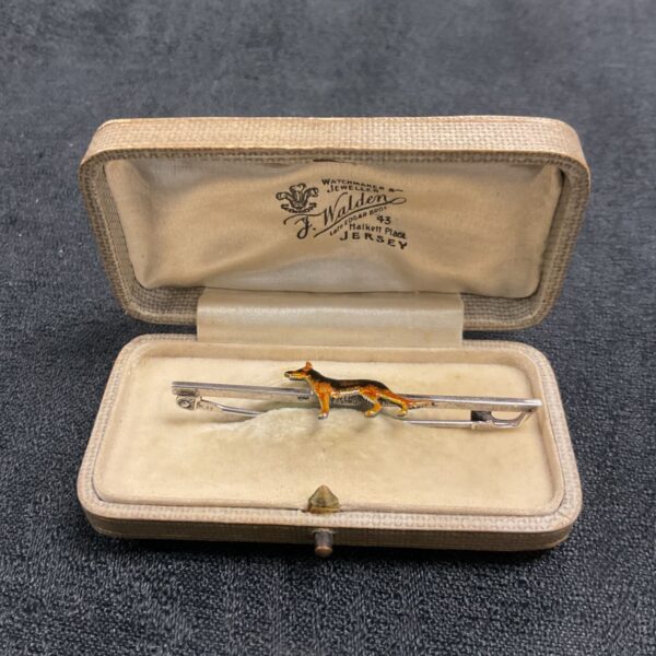 Vintage silver enamel German Shepherd brooch in original box.