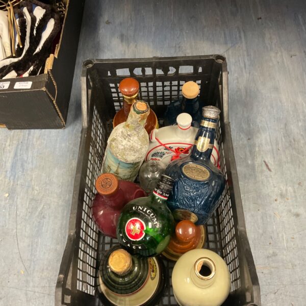 Tray of vintage glass and stoneware bottles including Royal Salute and Unicum Zwack