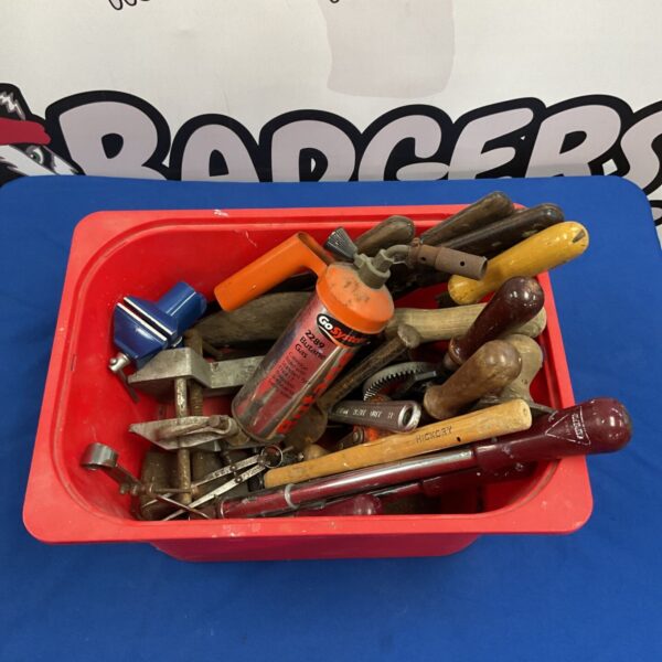 Assorted vintage hand tools, clamps and butane torch in red tub