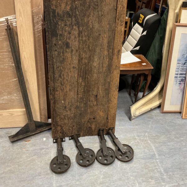 Vintage heavy duty wooden trolley with metal caster wheels