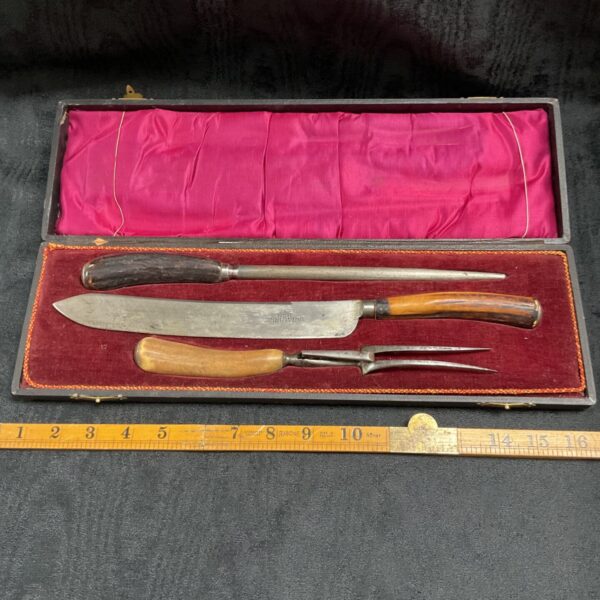 Vintage Encore horn handled carving set in fitted case with pink lining