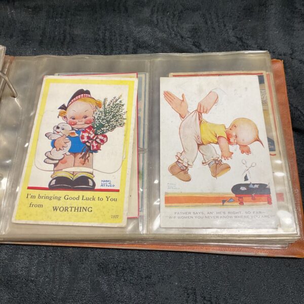 Mabel Lucie Attwell Worthing postcard and Father Says cartoon in album sleeves