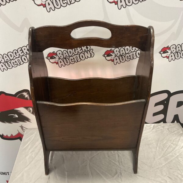 Vintage mahogany magazine rack with carrying handle and splayed feet