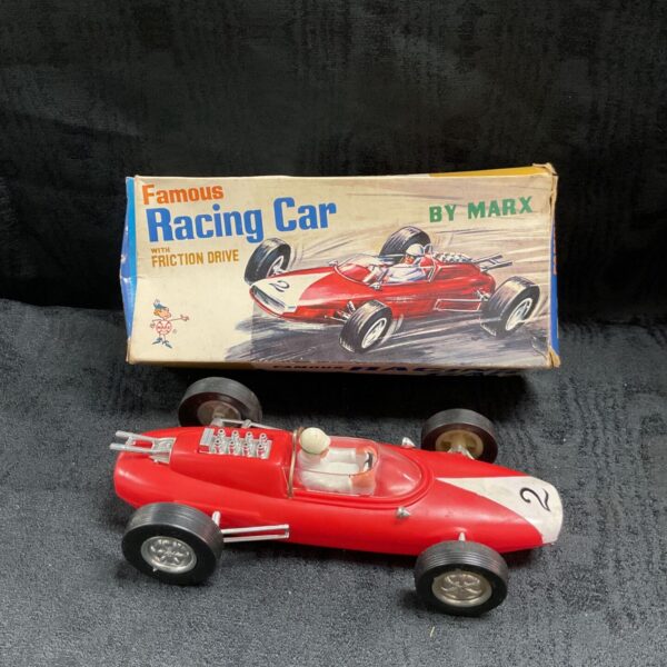 Red vintage Marx Famous Racing Car friction drive toy with original box