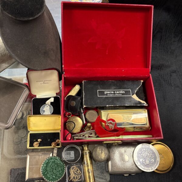 Vintage mixed collectibles lot with cigarette case and boxed items in red box