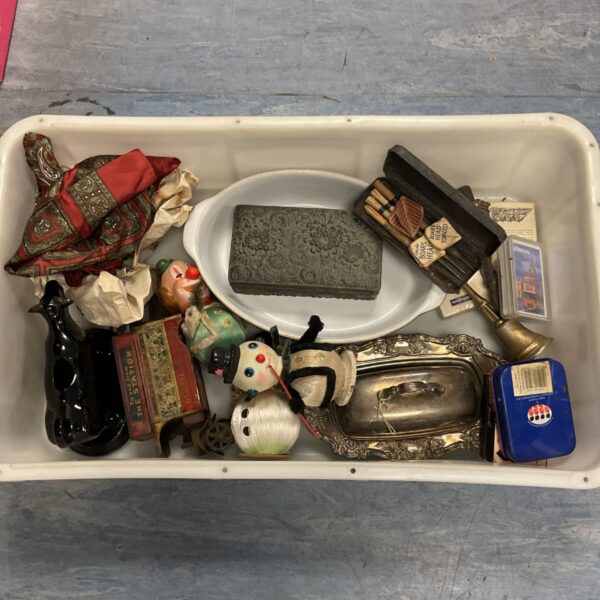 Tray of mixed vintage items including darts, jewellery box and cow creamer
