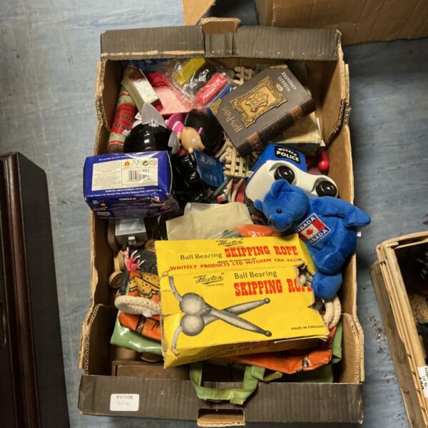 Box of vintage mixed toys including Flexten skipping ropes and Corgi box
