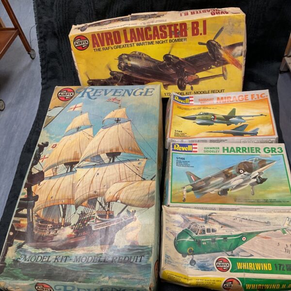 Vintage model kits lot including Airfix and Revell, showing box details.