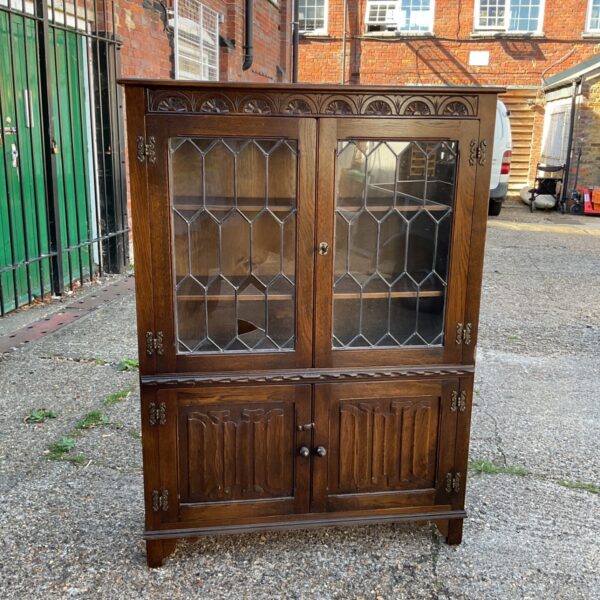 Vintage oak display cabinet with broken glass, Old Charm style.