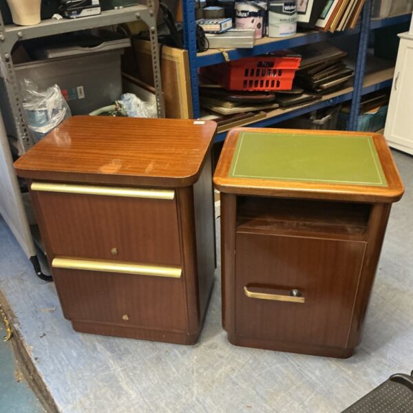 Vintage office cabinets with green leather tops for storage.