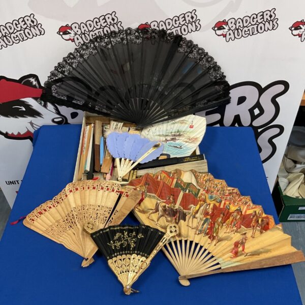 Collection of vintage hand fans including black lace, painted and pierced examples