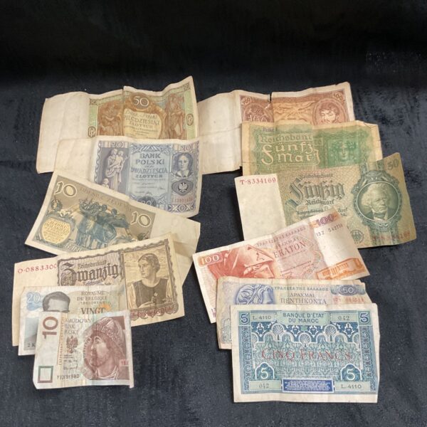 Vintage overseas banknotes collection with Polish, German, Greek and Moroccan notes