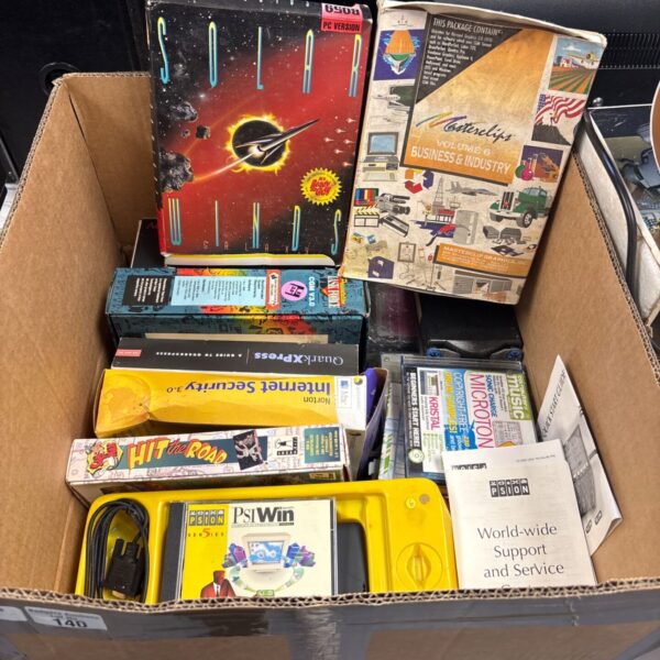 Box of vintage PC software, games and Psion Series 5 organiser