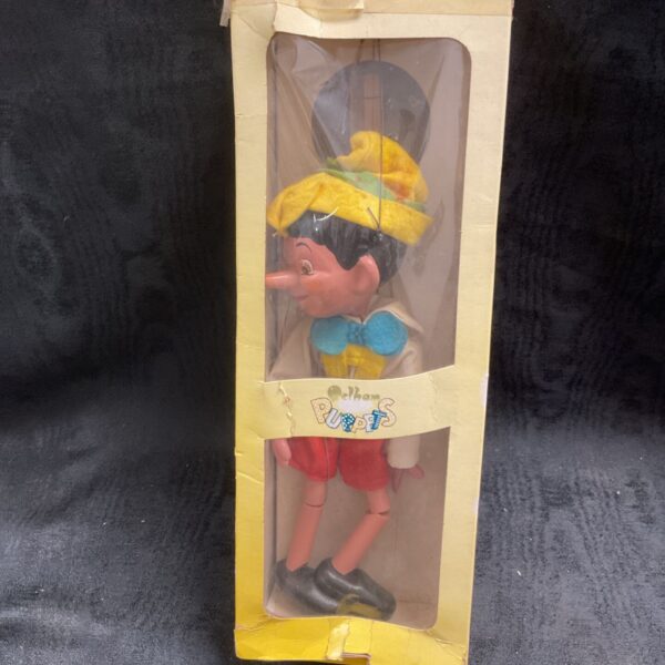 Vintage Pelham Puppets Pinocchio marionette in yellow box with clear window