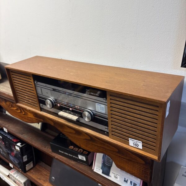 Vintage Philips 1960s table radio with wooden cabinet and louvred speaker grilles
