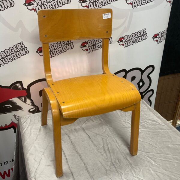 Vintage plywood school chair with honey-toned moulded seat and bent legs