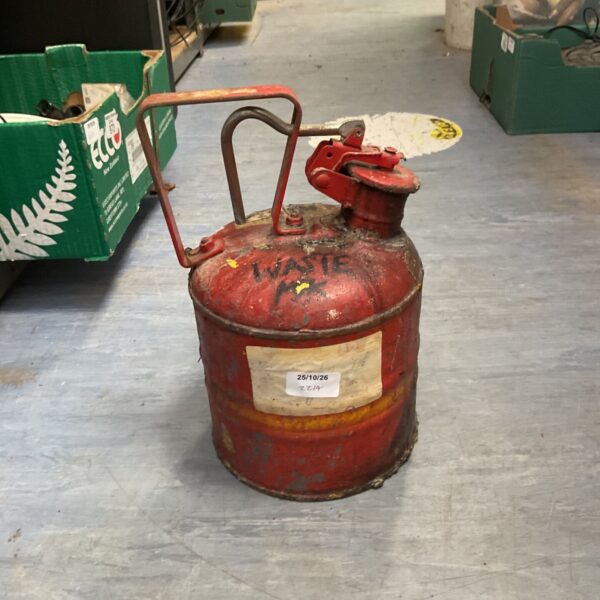 Vintage red metal Justrite Type 1 safety can with handle