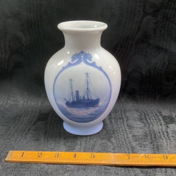 Vintage Royal Copenhagen blue and white vase with hand painted steamship medallion
