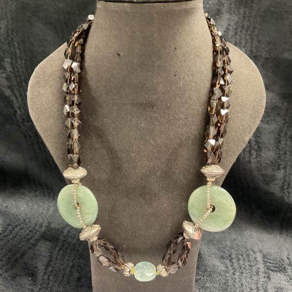 Vintage smoky quartz style bead necklace with jade stones and white metal spacers
