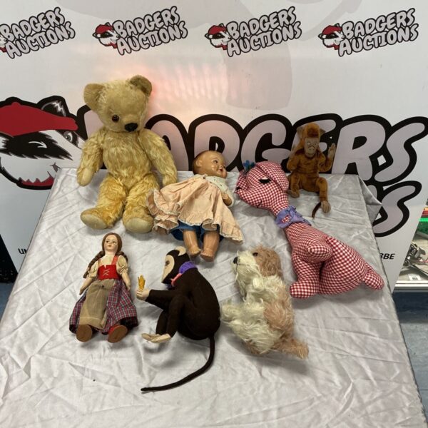 Vintage soft toys and doll lot including golden teddy bear and plush monkeys