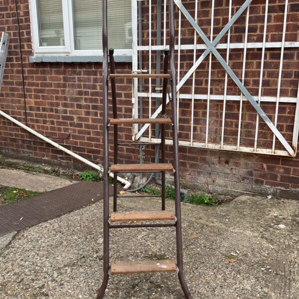 Vintage step ladder leaning against a brick wall in a garden.