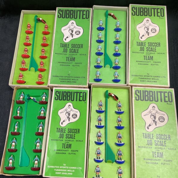 Vintage Subbuteo football teams including West Ham, tabletop gaming figures.