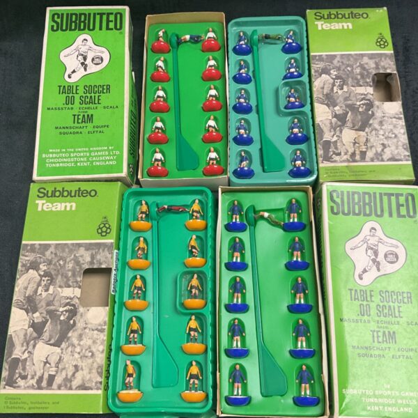 Vintage Subuteo football teams in original boxes, collectible table soccer.