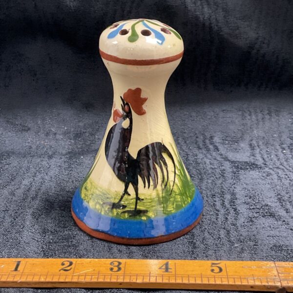 Vintage Torquay ware hatpin stand with hand-painted black rooster decoration